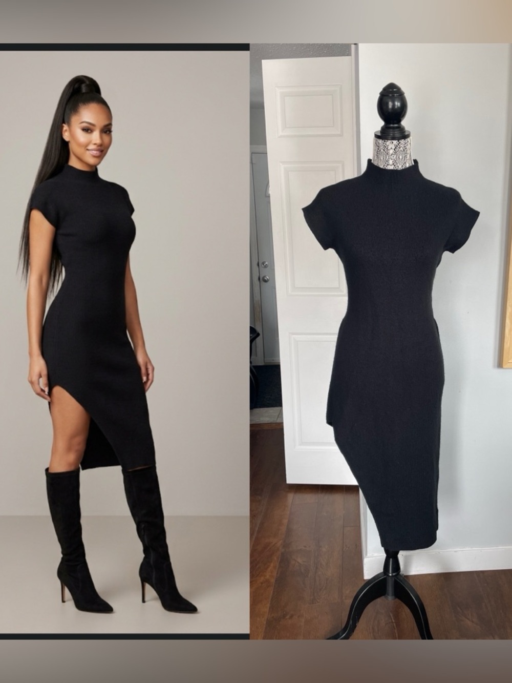 Tahari Turtle Neck Wool Blend Tie Waist Midi Dress With Slit. Small. Black